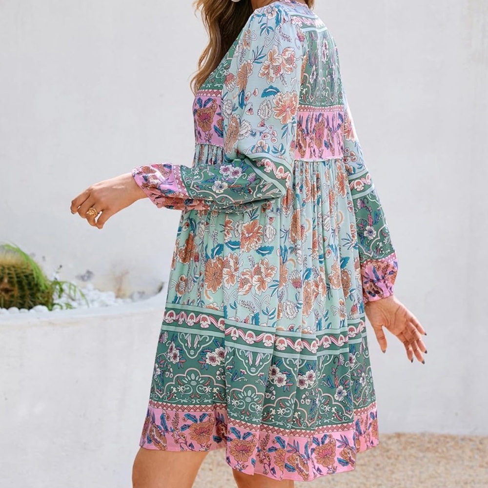 Floral Green & Pink Dress Boho Flowy Beach Tassel Lightweight Women's Small 4/6 - Picture 3 of 16